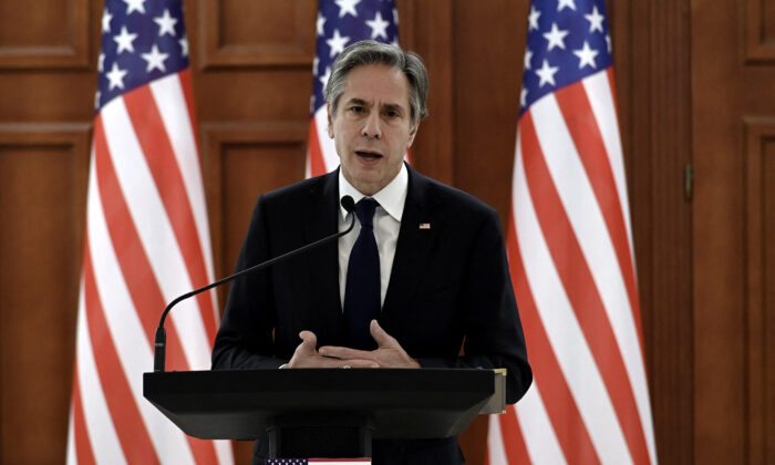 U.S. Secretary of State Antony Blinken speaks during a press conference in Chisinau, Moldova, on March 6, 2022. (Olivier Douliery/Pool/AFP via Getty Images)