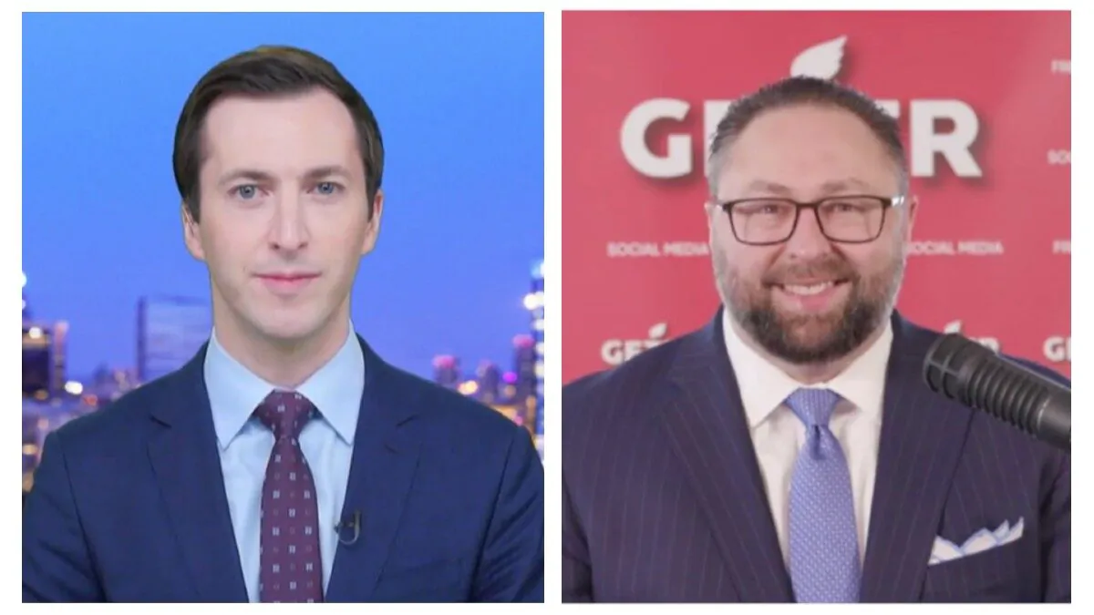 Gettr CEO Jason Miller (R) in a March 2 interview with NTD Business. (NTD/Screenshot via The Epoch Times)