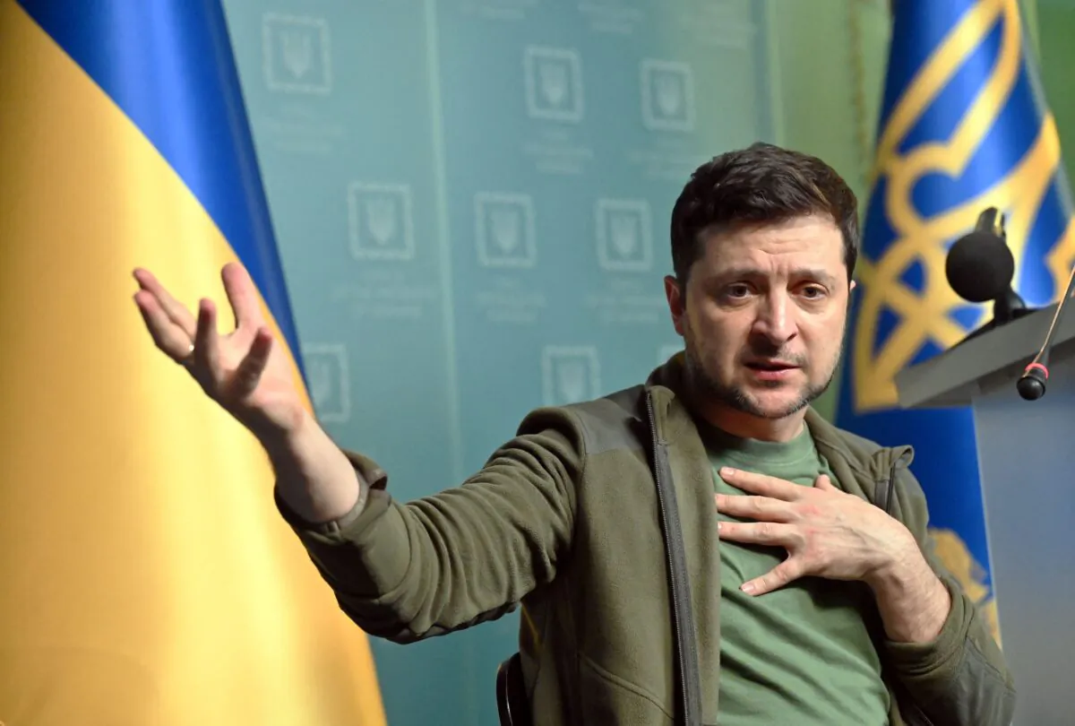 Ukrainian President Volodymyr Zelensky gestures as he speaks during a press conference in Kyiv, Ukraine, on March 3, 2022. (Sergei Supinsky/AFP via Getty Images)