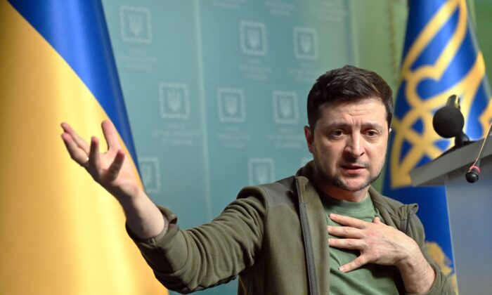 Ukrainian President Volodymyr Zelensky gestures as he speaks during a press conference in Kyiv, Ukraine, on March 3, 2022. (Sergei Supinsky/AFP via Getty Images)