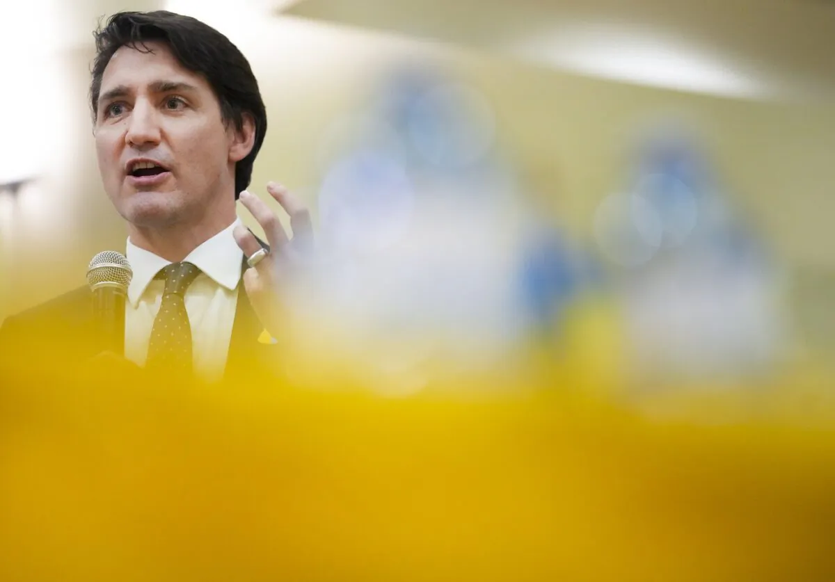 Canadian Prime Minister Justin Trudeau meets with people from the Ukrainian community as Russia has launched a devastating attack and war on Ukraine in Toronto on March 4, 2022. (The Canadian Press/Nathan Denette)