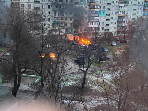 Fire is seen in Mariupol at a residential area