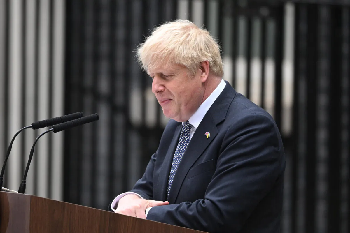UK Prime Minister Boris Johnson addresses the nation as he announces his resignation outside 10 Downing Street on July 7, 2022. (Leon Neal/Getty Images)