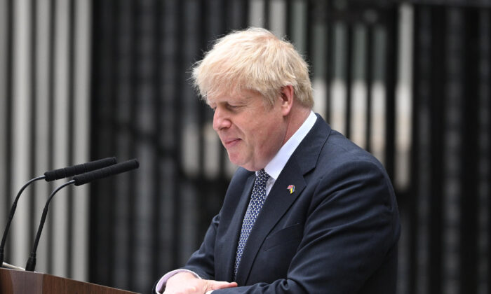 UK Prime Minister Boris Johnson addresses the nation as he announces his resignation outside 10 Downing Street on July 7, 2022. (Leon Neal/Getty Images)