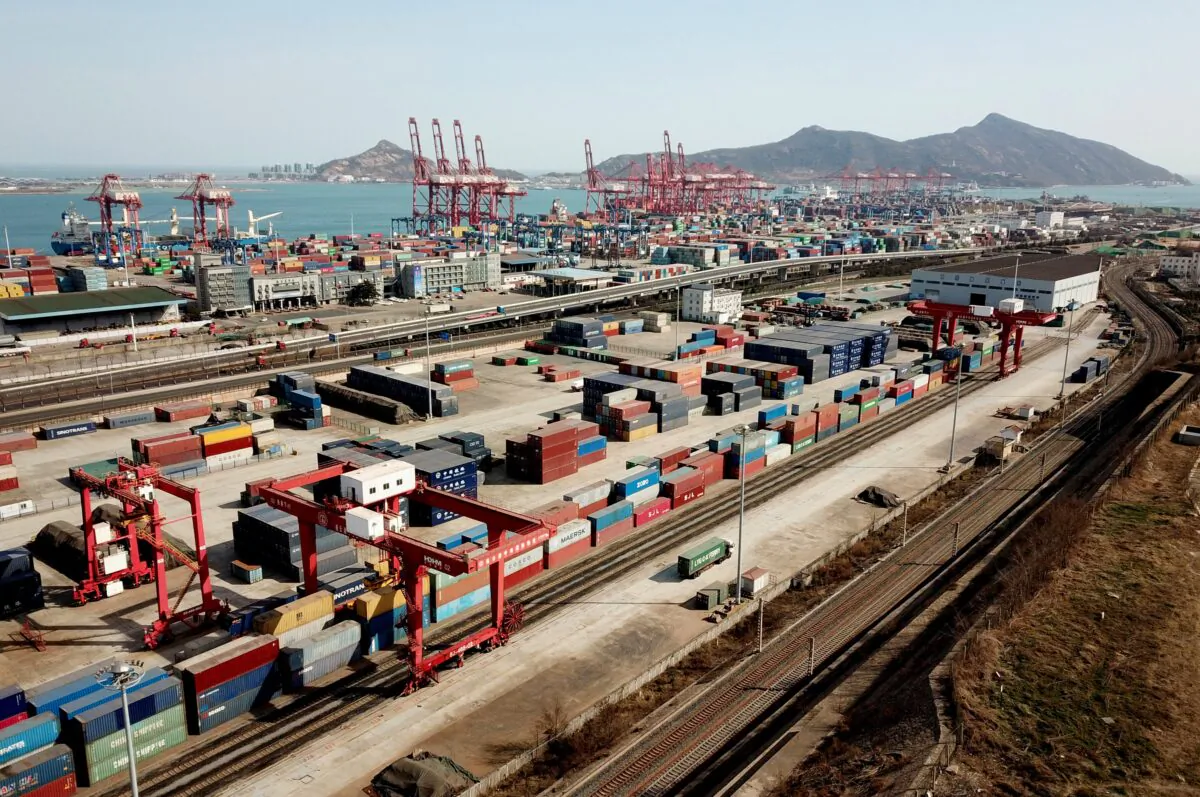Containers stacked at a port in Lianyungang city, in China's eastern Jiangsu Province on March 7, 2022. (STR/AFP via Getty Images)