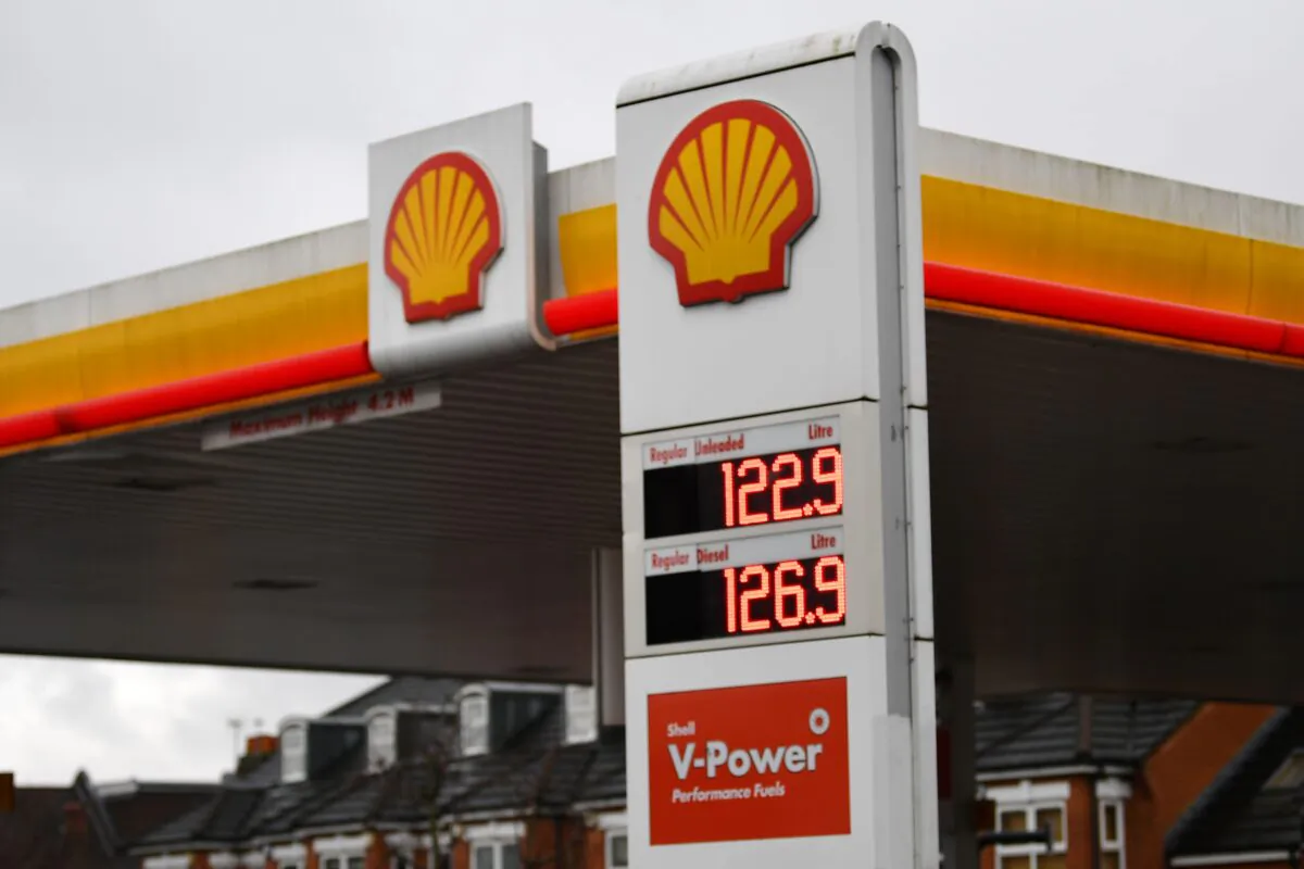 Shell logos are seen at a service station in London on Feb. 4, 2021. (Justin Tallis/AFP via Getty Images)