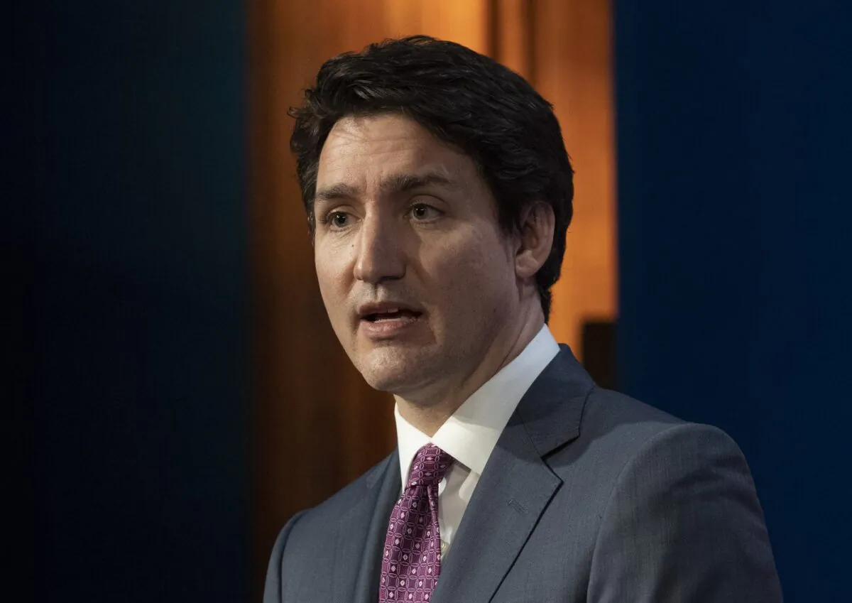 Canadian Prime Minister Justin Trudeau responds to a question during a joint media availability with British Prime Minister Boris Johnson and Prime Minister of the Netherlands Mark Rutte on Downing St., March 7, 2022 in London. (The Canadian Press/Adrian Wyld)