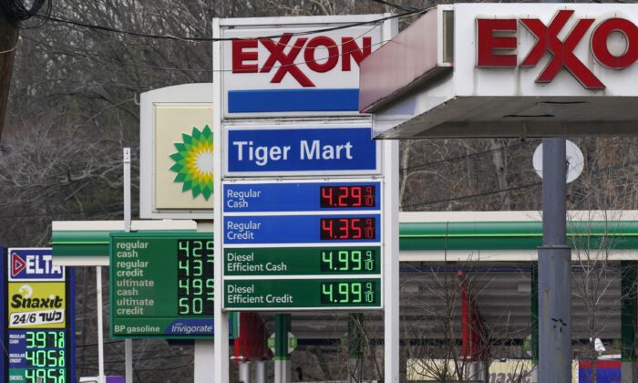 Gas prices are displayed at gas stations in Englewood, N.J., on March 7, 2022. (Seth Wenig/AP Photo)