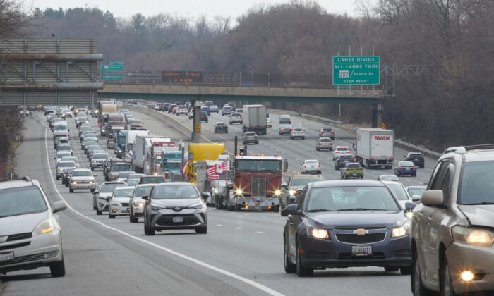 The lead red truck in The People's Convoy in Maryland on March 6, 2022. (Enrico Trigoso/The Epoch Times)