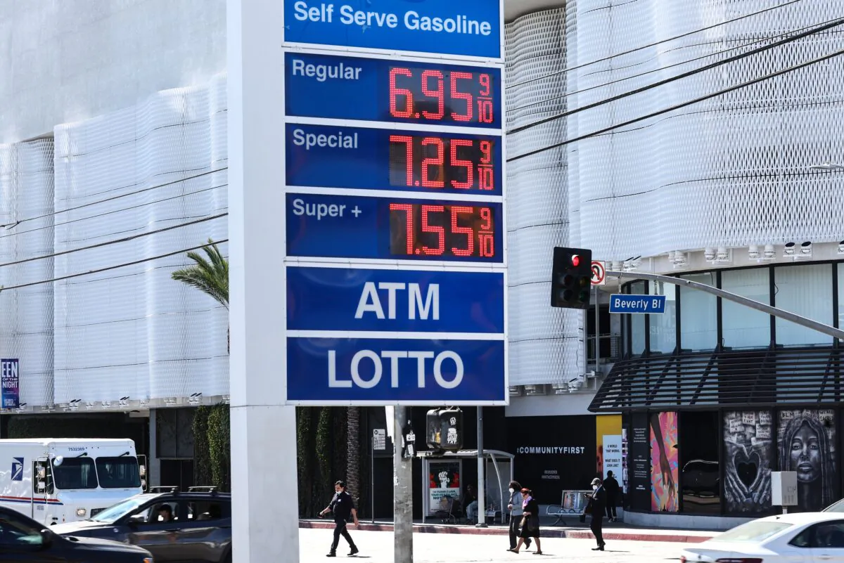Gas prices are displayed at a Mobil station across the street from the Beverly Center in Los Angeles on March 7, 2022. (Mario Tama/Getty Images)