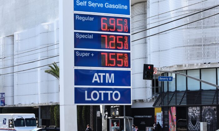 Gas prices are displayed at a Mobil station across the street from the Beverly Center in Los Angeles, Calif., on March 7, 2022. (Mario Tama/Getty Images)