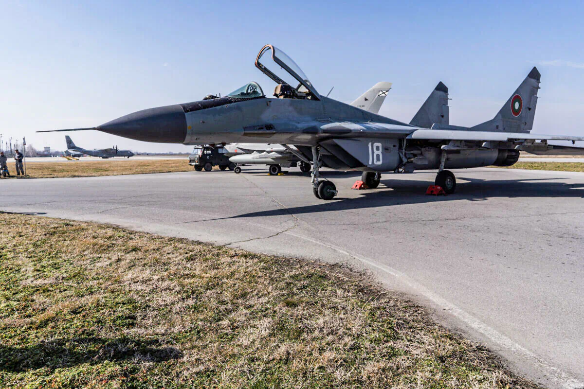 A MiG-29 jet fighter operated by the Bulgarian Air Force in Graf Ignatievo, Bulgaria, on Feb. 17, 2022.  (Hristo Rusev/Getty Images)