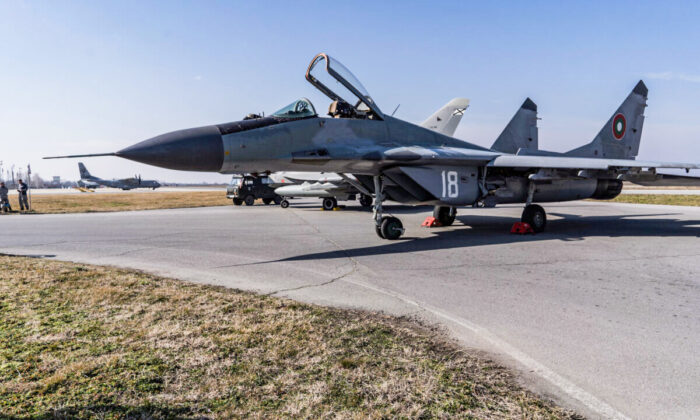 A MiG-29 jet fighter operated by the Bulgarian Air Force in Graf Ignatievo, Bulgaria, on Feb. 17, 2022. (Hristo Rusev/Getty Images)