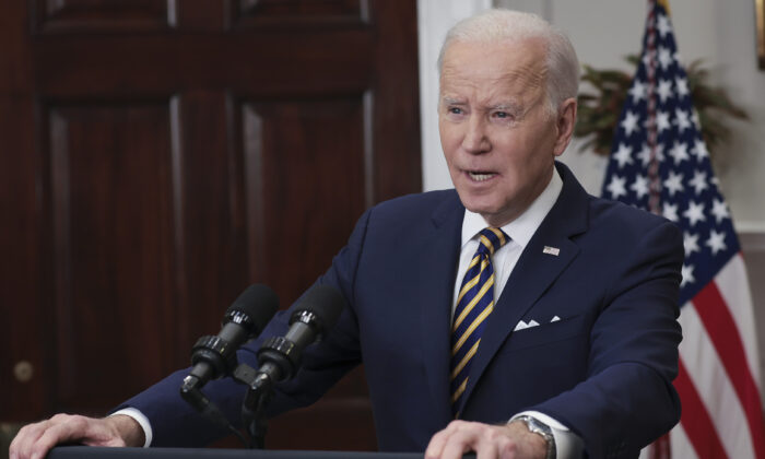 President Joe Biden speaks in the Roosevelt Room of the White House on March 8, 2022. (Win McNamee/Getty Images)