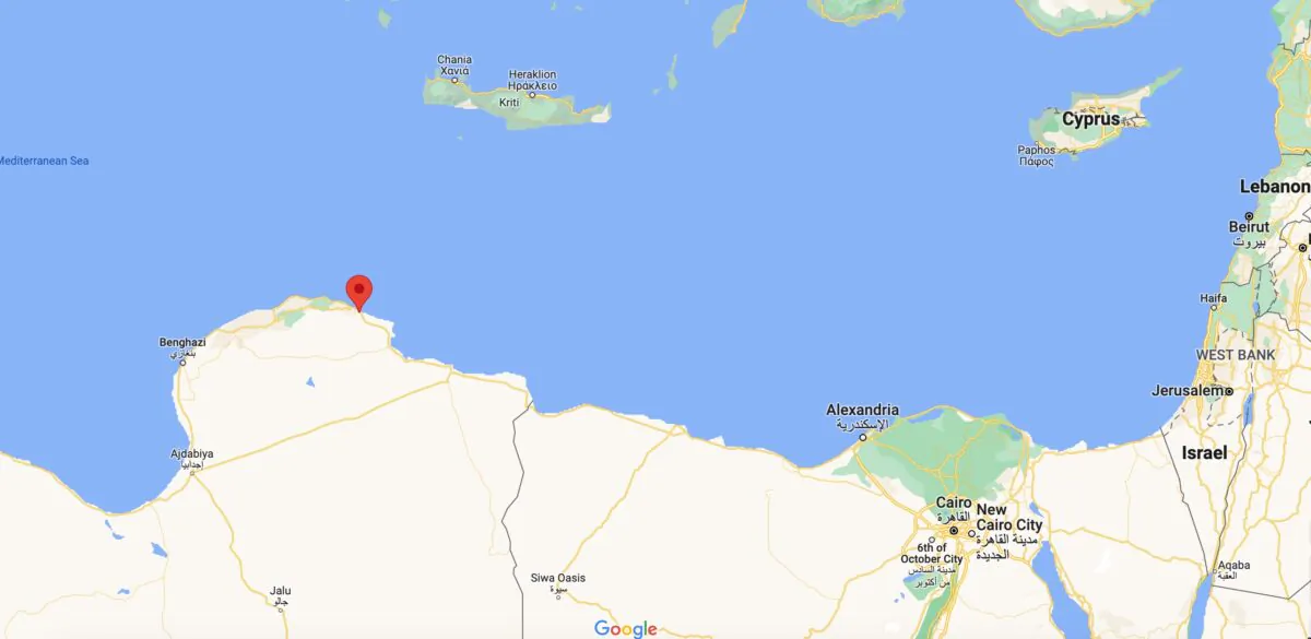 The location of Derna, Libya, is shown in red on a map. (Google Maps/Screenshot via The Epoch Times)