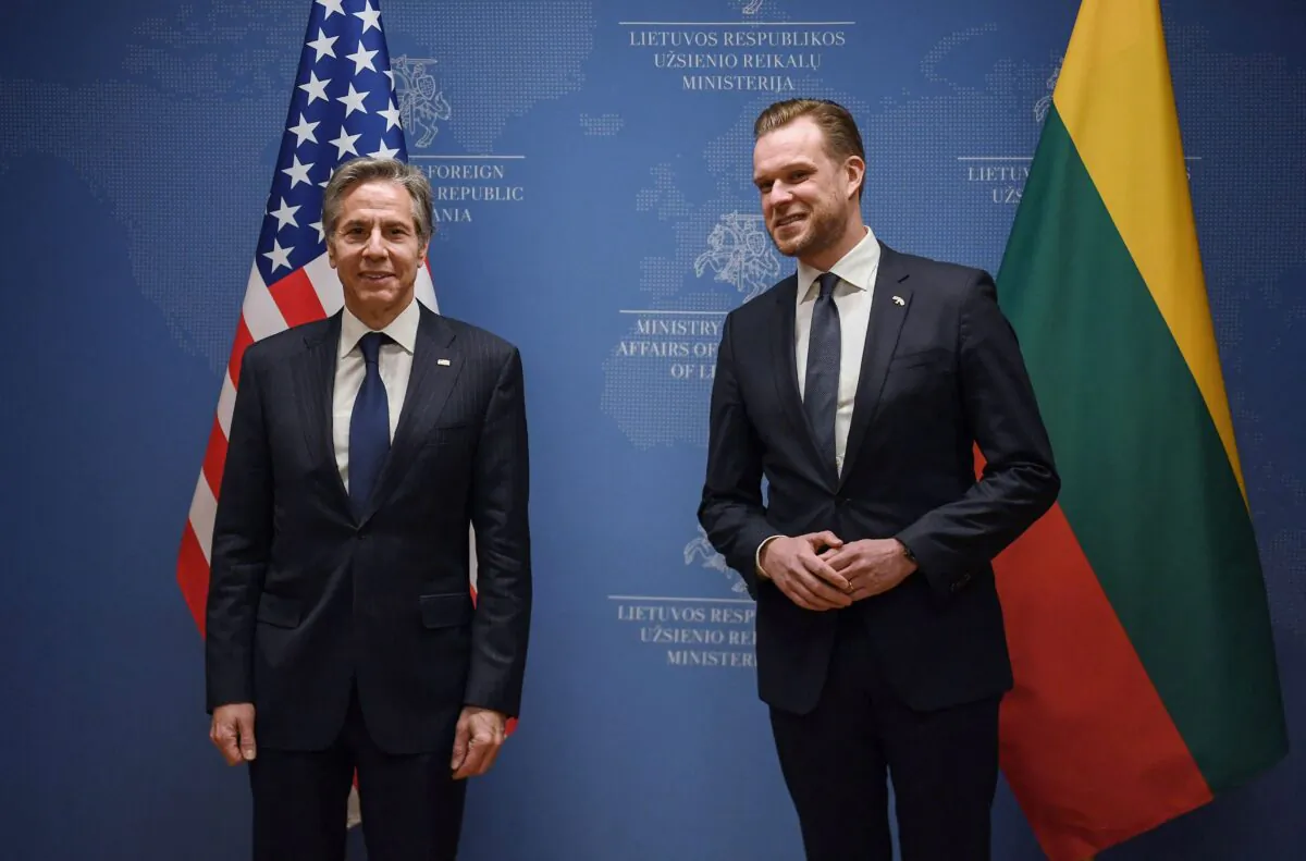 U.S. Secretary of State Antony J. Blinken (L) meets with Lithuanian Foreign Minister Gabrielius Landsbergis at the Ministry of Foreign Affairs in Vilnius, Lithuania on March 7, 2022. (Olivier Douliery/Pool/AFP via Getty Images)