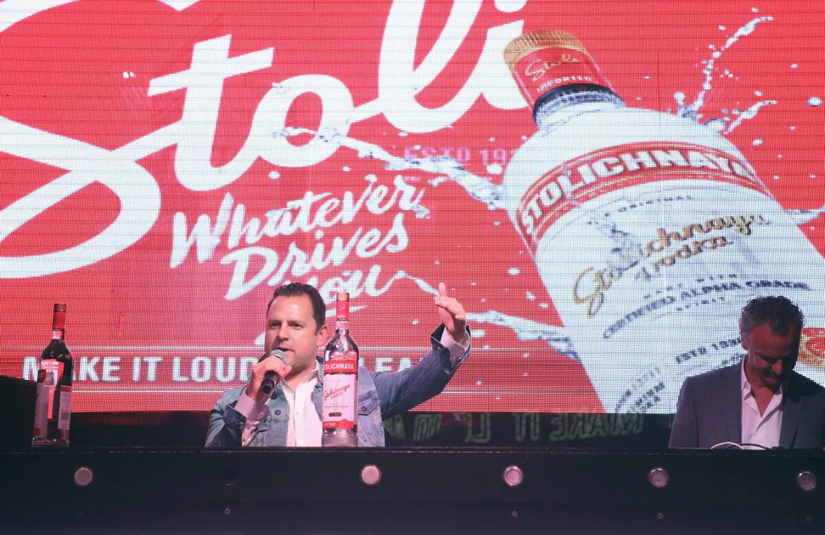 Russell Pareti SVP marketing Stoli Group USA (L) and Hugues Pietrini global president and CEO, Stoli Group, speak onstage during Stoli Vodka hosts "Loud And Clear" global advertising campaign launch event at Marquee Club in New York City on June 14, 2018. (Taylor Hill/Getty Images for Stoli ® Vodk)