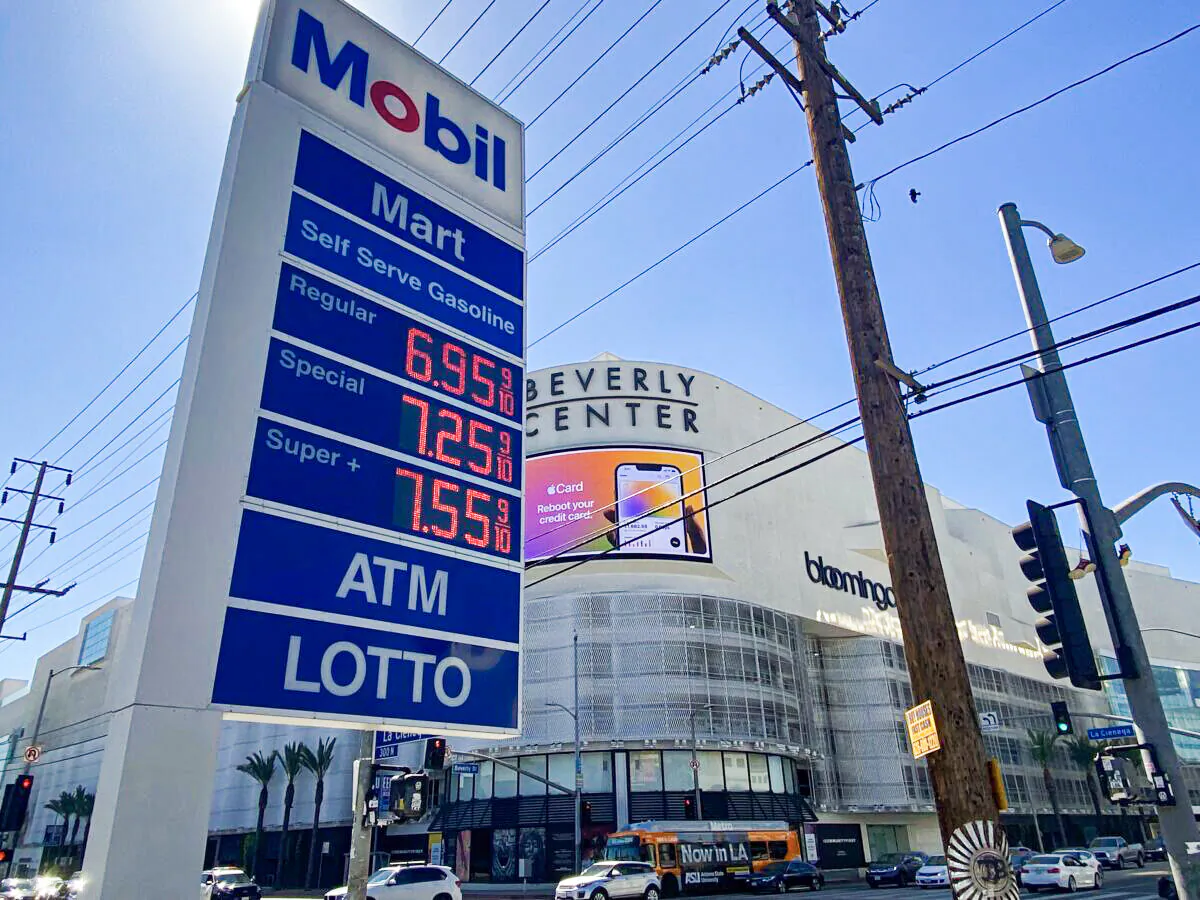 A Mobil station in Los Angeles shows gas prices rising to record highs on March 7, 2022. (Jill McLaughlin/The Epoch Times)