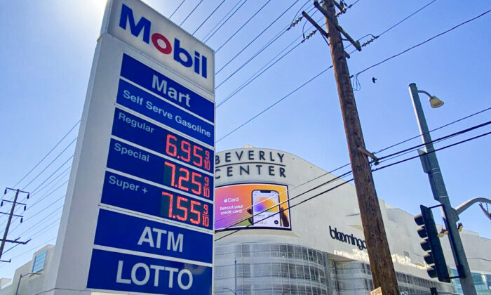 A Mobil station in Los Angeles shows gas prices rising to record highs on March 7, 2022. (Jill McLaughlin/The Epoch Times)