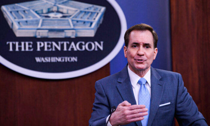 Pentagon spokesman John Kirby speaks during a briefing at the Pentagon in the District of Columbia on Feb. 1, 2022. (Nicholas Kamm/AFP via Getty Images)