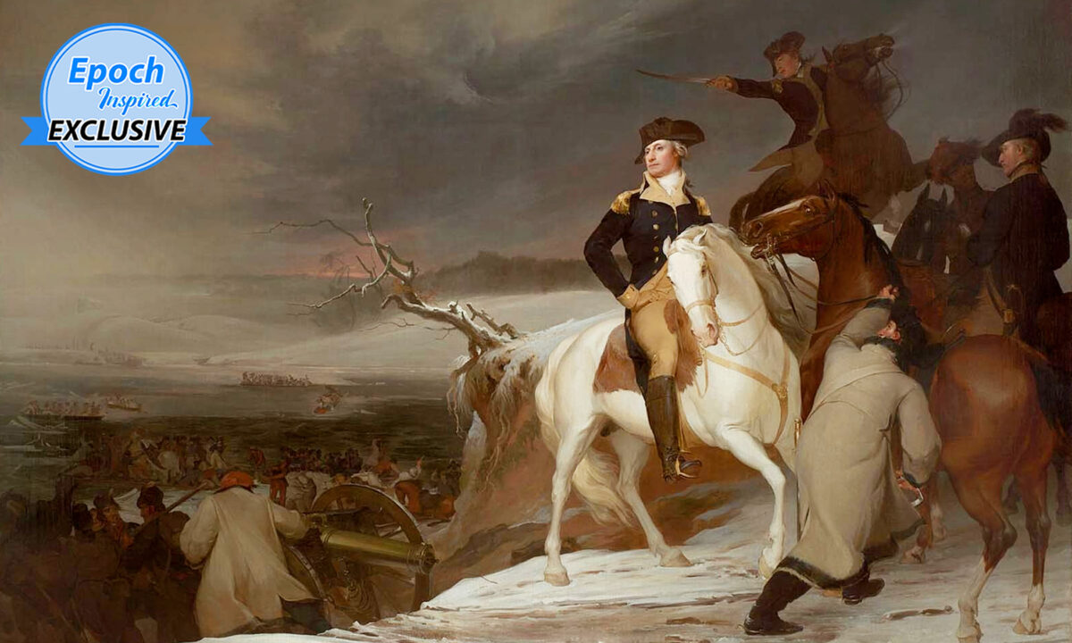 George Washington observing the troops of the American Revolutionary Army crossing the Delaware River. An 1918 oil-on-canvas painting by artist ﻿Thomas Sully. (Public Domain)