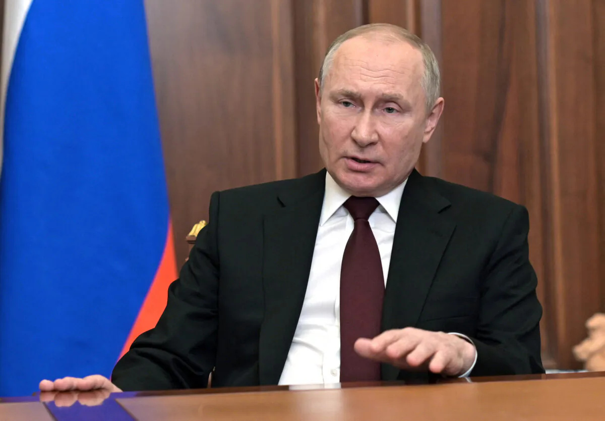 Russian President Vladimir Putin speaks during his address to the nation at the Kremlin in Moscow, on Feb. 21, 2022. (Alexey Nikolsky/Sputnik/AFP via Getty Images)