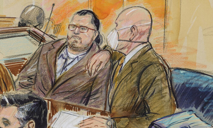 This artist sketch depicts Guy Wesley Reffitt, joined by his lawyer William Welch, right, in Federal Court, in Washington on Feb. 28, 2022. (Dana Verkouteren/San Francisco Chronicle via AP)