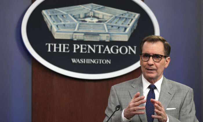 Pentagon Press Secretary John Kirby conducts a news briefing at the Pentagon in Arlington, Va., on March 7, 2022. (Alex Wong/Getty Images)