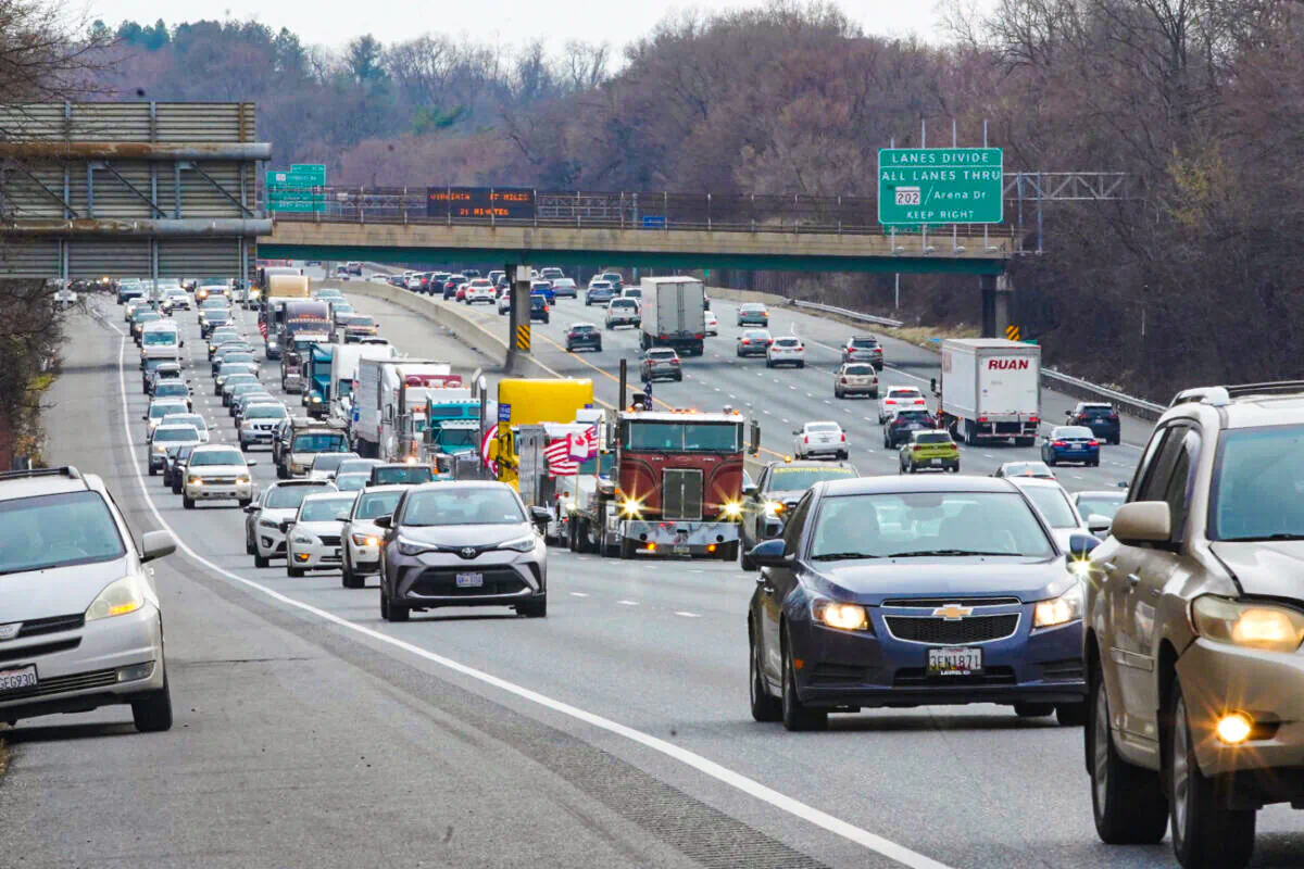 The lead red truck for The People's Convoy in Maryland on March 6, 2022. (Enrico Trigoso/The Epoch Times)