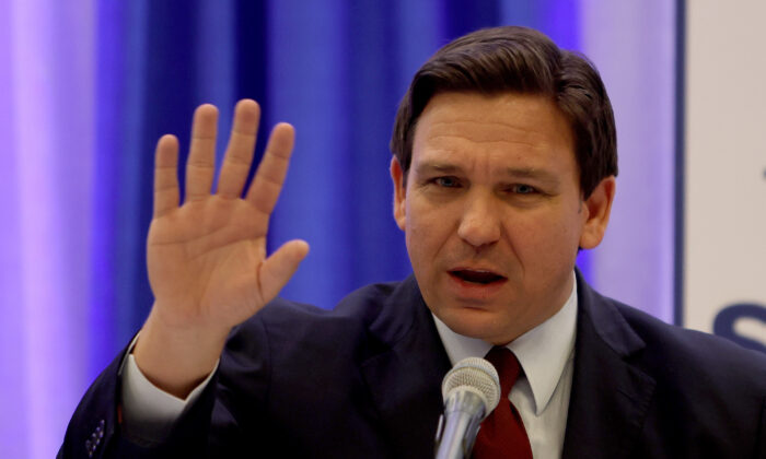 Florida Gov. Ron DeSantis at a press conference at the Miami Dade College’s North Campus in Miami, Florida on January 26, 2022.  (Photo by Joe Raedle/Getty Images)