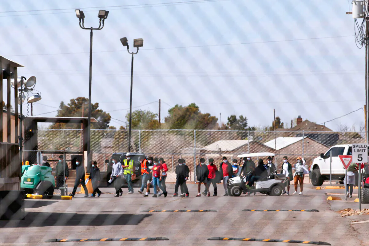 Unaccompanied child immigrants are seen at the site of a former oil field workers camp which is being used as a temporary housing facility in Midland County, Texas on April 8, 2021. (Paul Ratje/Reuters)