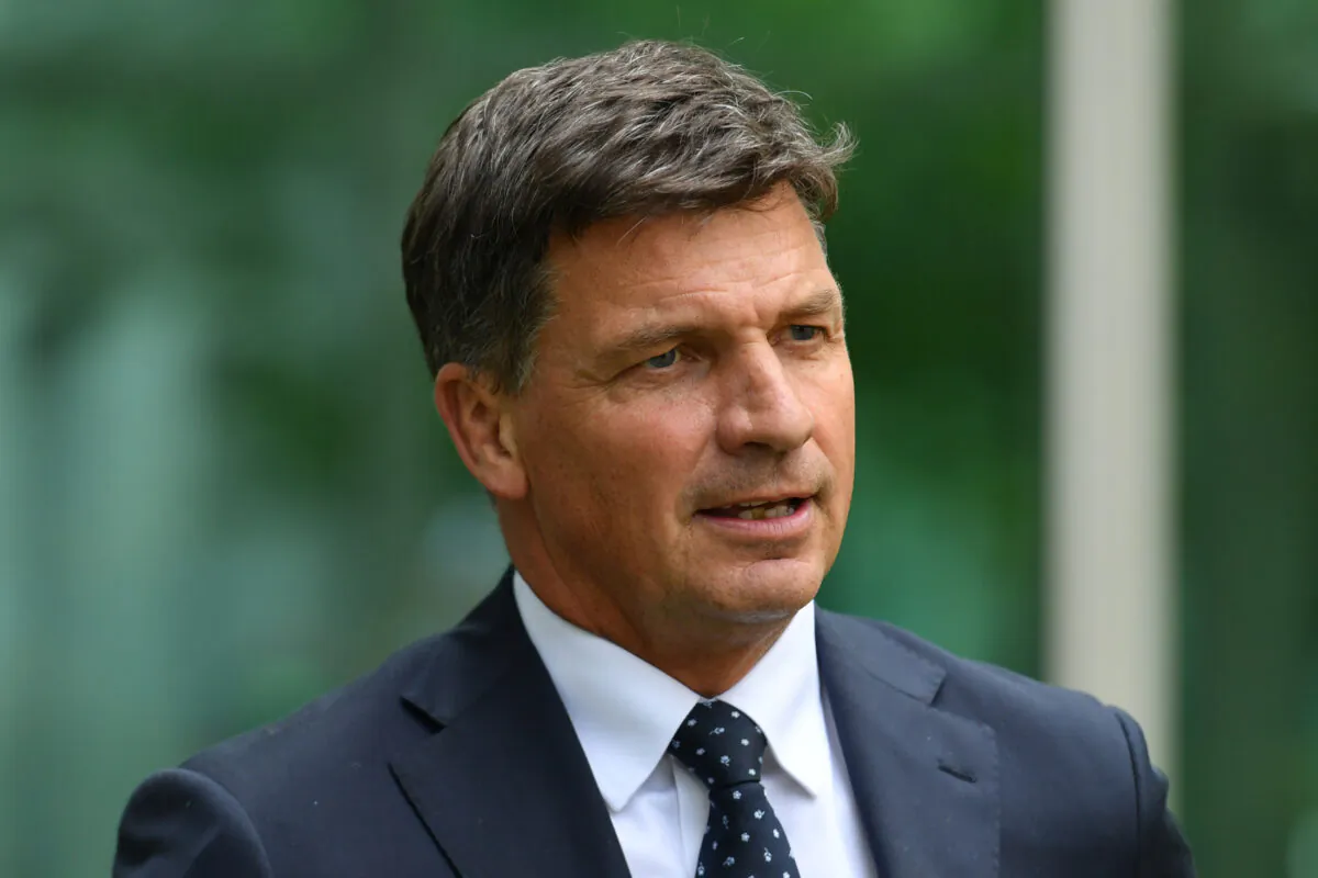 Angus Taylor MP at a press conference at Parliament House in Canberra, Australia on Feb. 17, 2022. (AAP Image/Mick Tsikas)