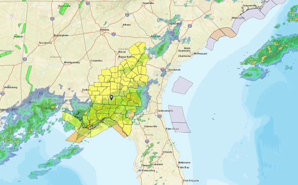 Tornado warning weather map in Georgia on March 9, 2022. (Weather.gov/Screenshot via The Epoch Times)