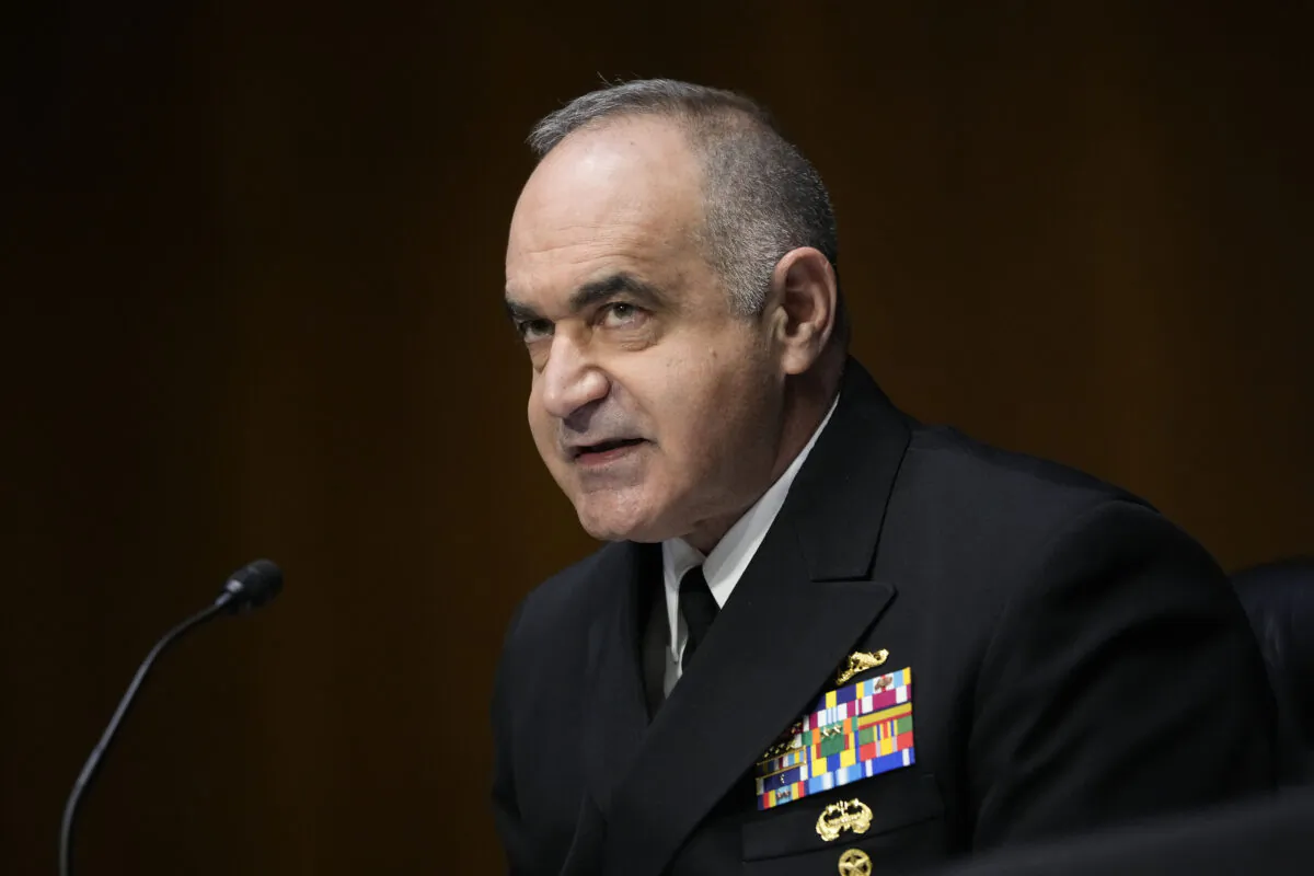 Commander of U.S. Strategic Command Adm. Charles Richard testifies during a Senate Armed Services Committee hearing in Washington on March 8, 2022. (Drew Angerer/Getty Images)