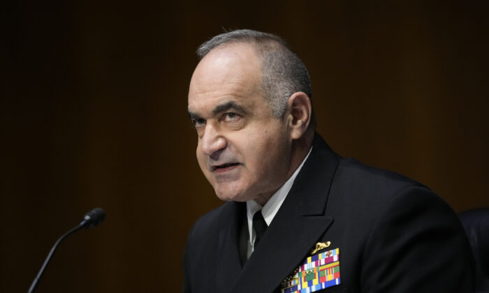 Commander of U.S. Strategic Command Admiral Charles Richard testifies during a Senate Armed Services Committee hearing in Washington on March 8, 2022. (Drew Angerer/Getty Images)