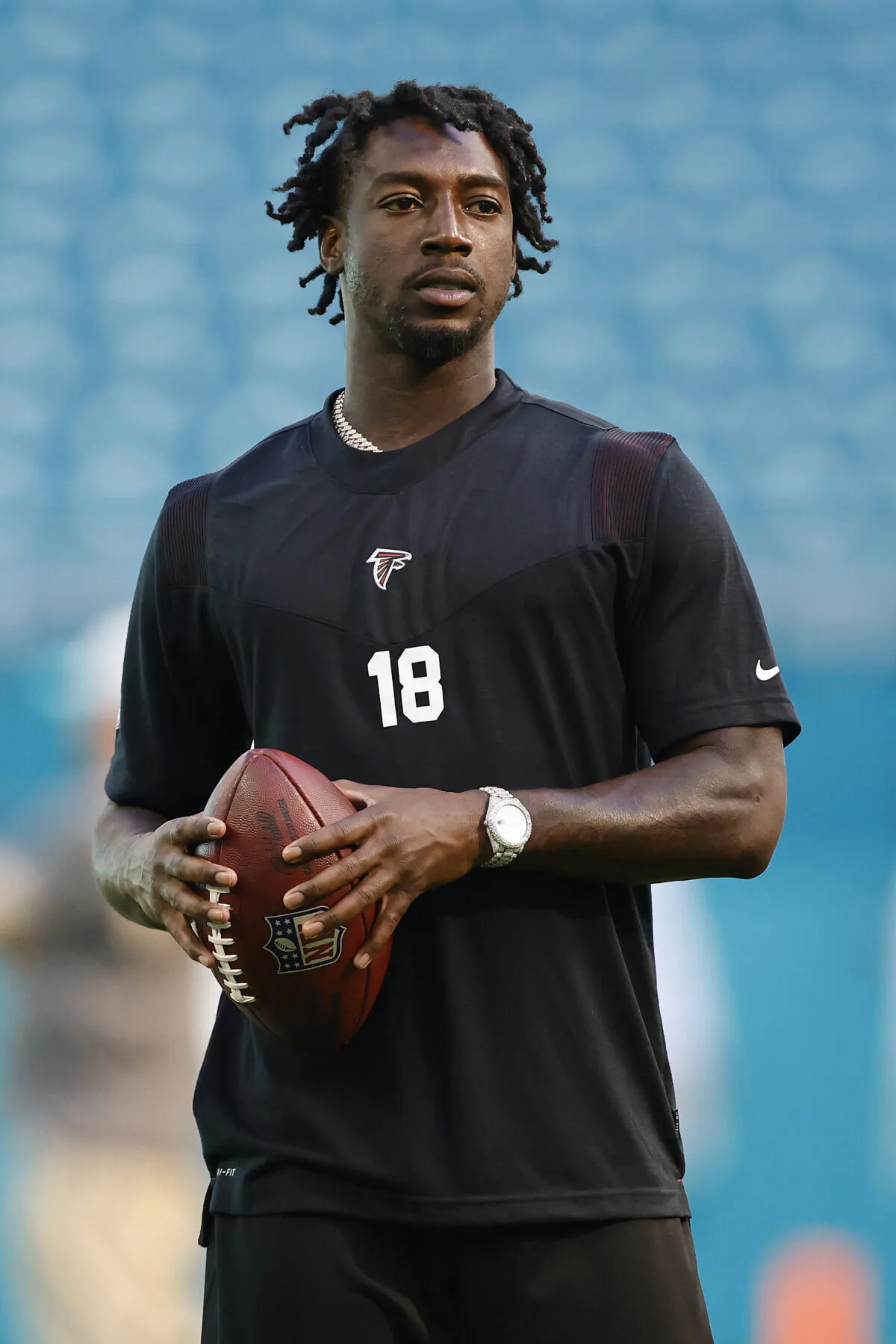 Calvin Ridley #18 of the Atlanta Falcons warms up prior to the NFL preseason game against the Miami Dolphins at Hard Rock Stadium, in Miami Gardens, Florida, on Aug. 21, 2021. (Michael Reaves/Getty Images)