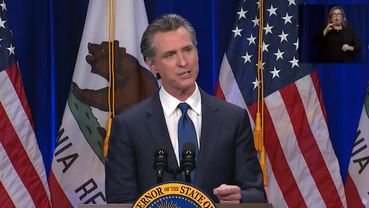 California Gov. Gavin Newsom gives his State of the State address in Sacramento, Calif., on March 8, 2022. (Screenshot via YouTube/California Governor Gavin Newsom)