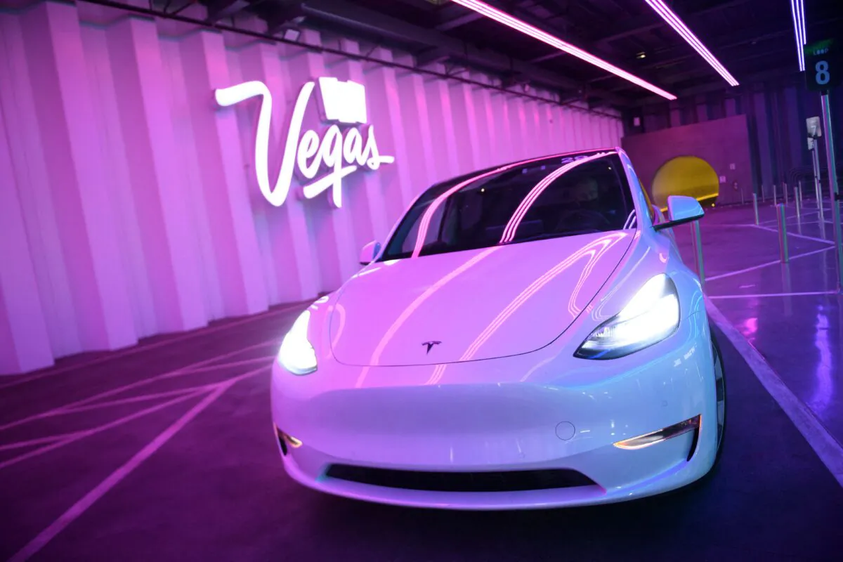 A Tesla Inc. electric vehicle at the Las Vegas Convention Center in Las Vegas on Jan. 3, 2022. (Patrick T. Fallon/AFP via Getty Images)
