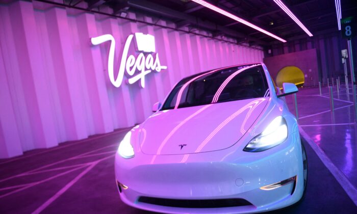 A Tesla Inc. electric vehicle at the Las Vegas Convention Center in Las Vegas on Jan. 3, 2022. (Patrick T. Fallon/AFP via Getty Images)