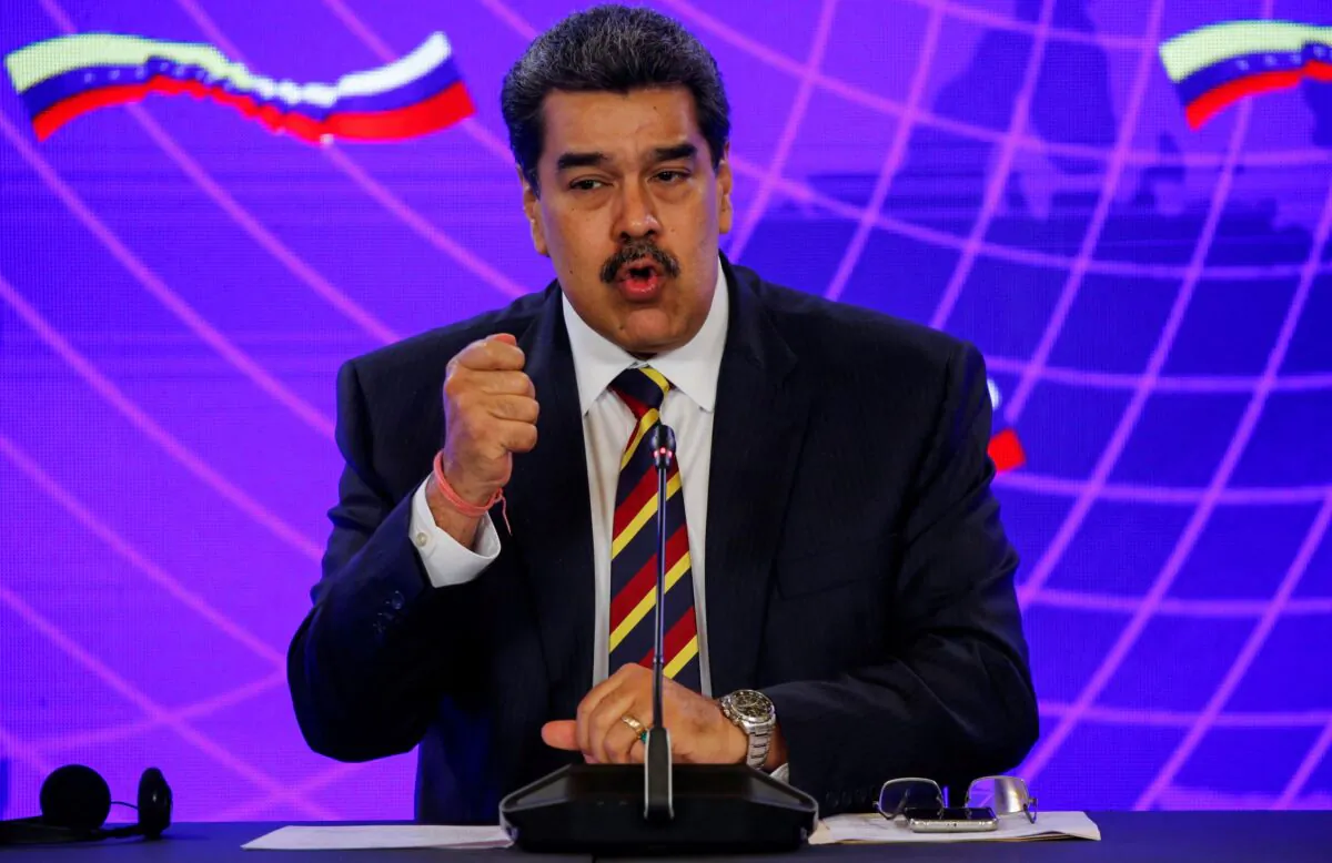Venezuela's President Nicolas Maduro speaks at the Miraflores Palace during his visit to Caracas, Venezuela, on Feb. 16, 2022. (Leonardo Fernandez Viloria/Reuters)