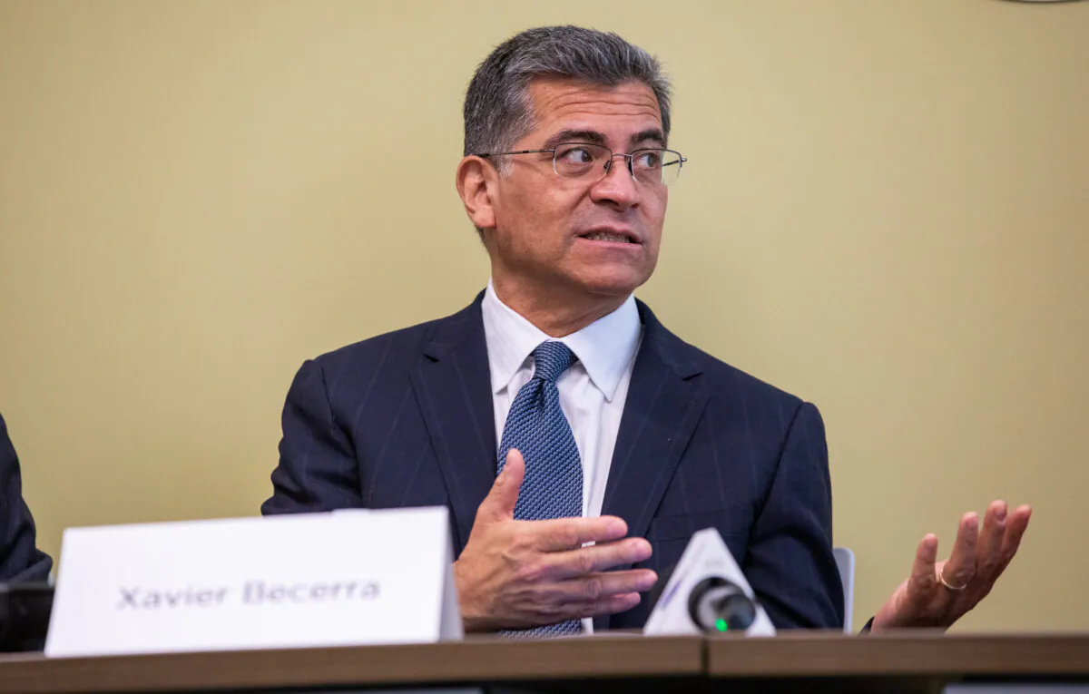 U.S. Secretary of Health and Human Services Xavier Becerra attends a town hall meeting at the BeWell clinic in Orange, Calif., on March 9, 2022. (John Fredricks/The Epoch Times)
