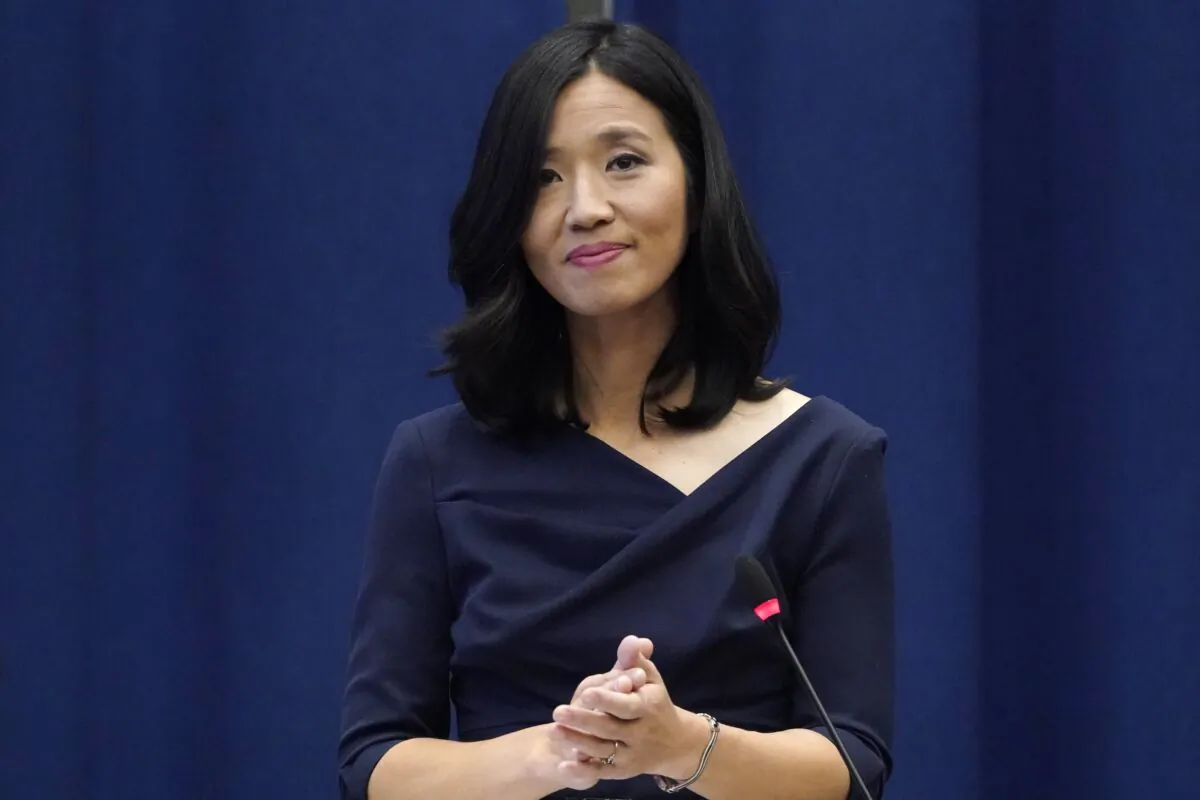 Boston Mayor Michelle Wu pauses during a ceremony at Boston City Hall in Boston, Mass., in a file image. (Charles Krupa/AP Photo)