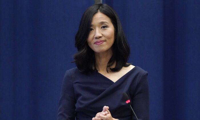 Boston Mayor Michelle Wu pauses during a ceremony at Boston City Hall in Boston, Mass., in a file image. (Charles Krupa/AP Photo)