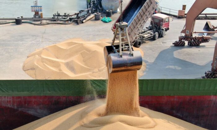 A crane loads soybean imported from Ukraine off a ship in a port in Nantong in east China's Jiangsu Province on May 10, 2019. (Xu Congjun/Future Publishing via Getty Images)