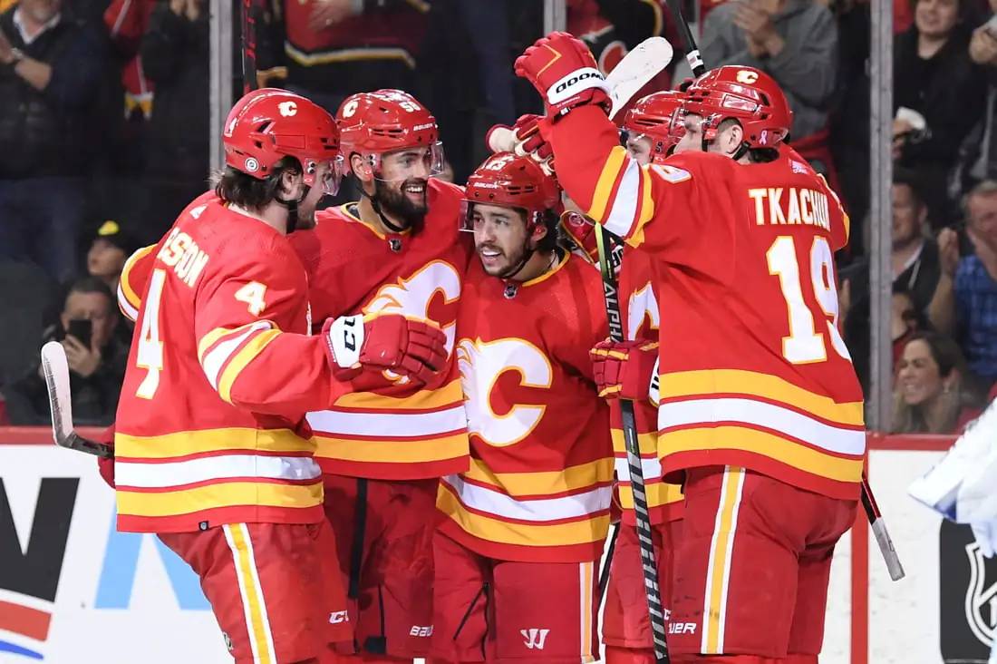 Calgary Flames forward Johnny Gaudreau (13) celebrates his third goal of the game against the Tampa Bay Lightning during the third period at Scotiabank Saddledome in Calgary, Alberta, Canada, on March 10, 2022. (Candice Ward/USA TODAY Sport via Field Level Media)
