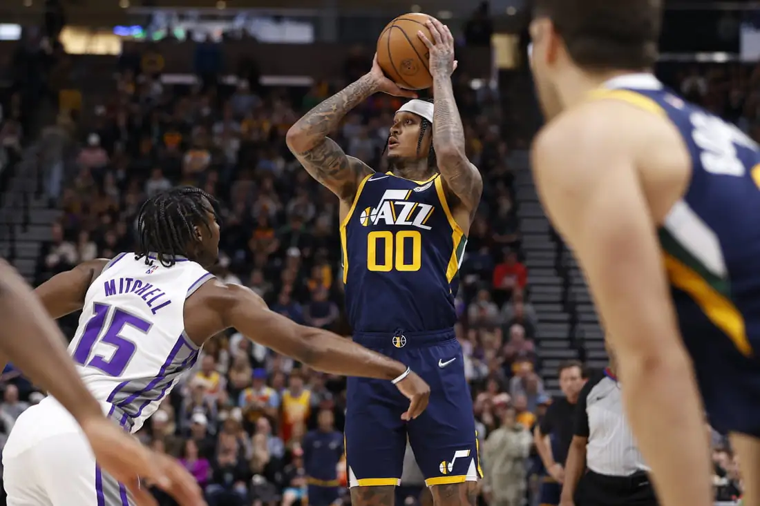 Utah Jazz guard Jordan Clarkson (00) looks to shoot in the fourth quarter against Sacramento Kings guard Davion Mitchell (15) at Vivint Arena in Salt Lake City, Utah, on March 12, 2022. (Jeffrey Swinger/USA TODAY Sports via Field Level Media)