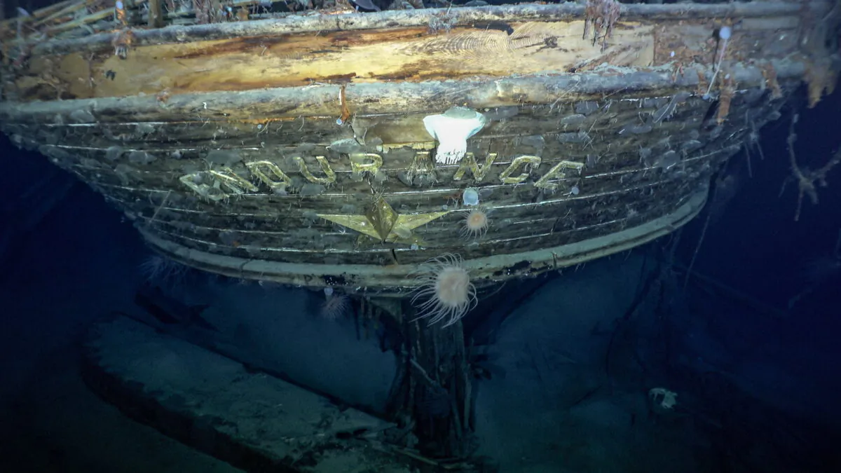 The stern of the wreck of Endurance, Sir Ernest Shackleton’s ship, the discovery of which was announced on March 9, 2022. (Falklands Maritime Heritage Trust/National Georgraphic)