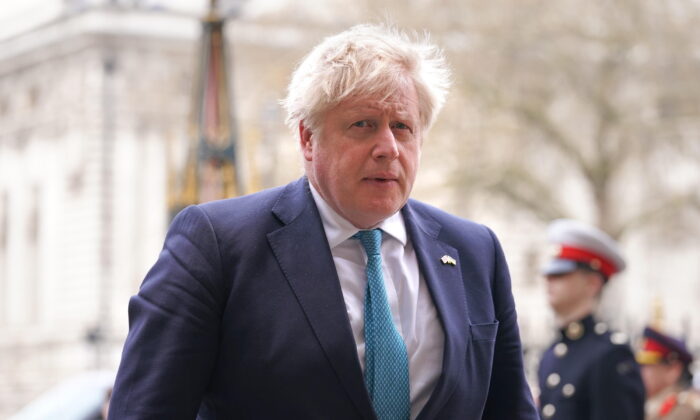 Prime Minister Boris Johnson arriving for a Service of Thanksgiving for the life of the Duke of Edinburgh, at Westminster Abbey in London on March 29, 2022. (Kirsty O’Connor/PA)