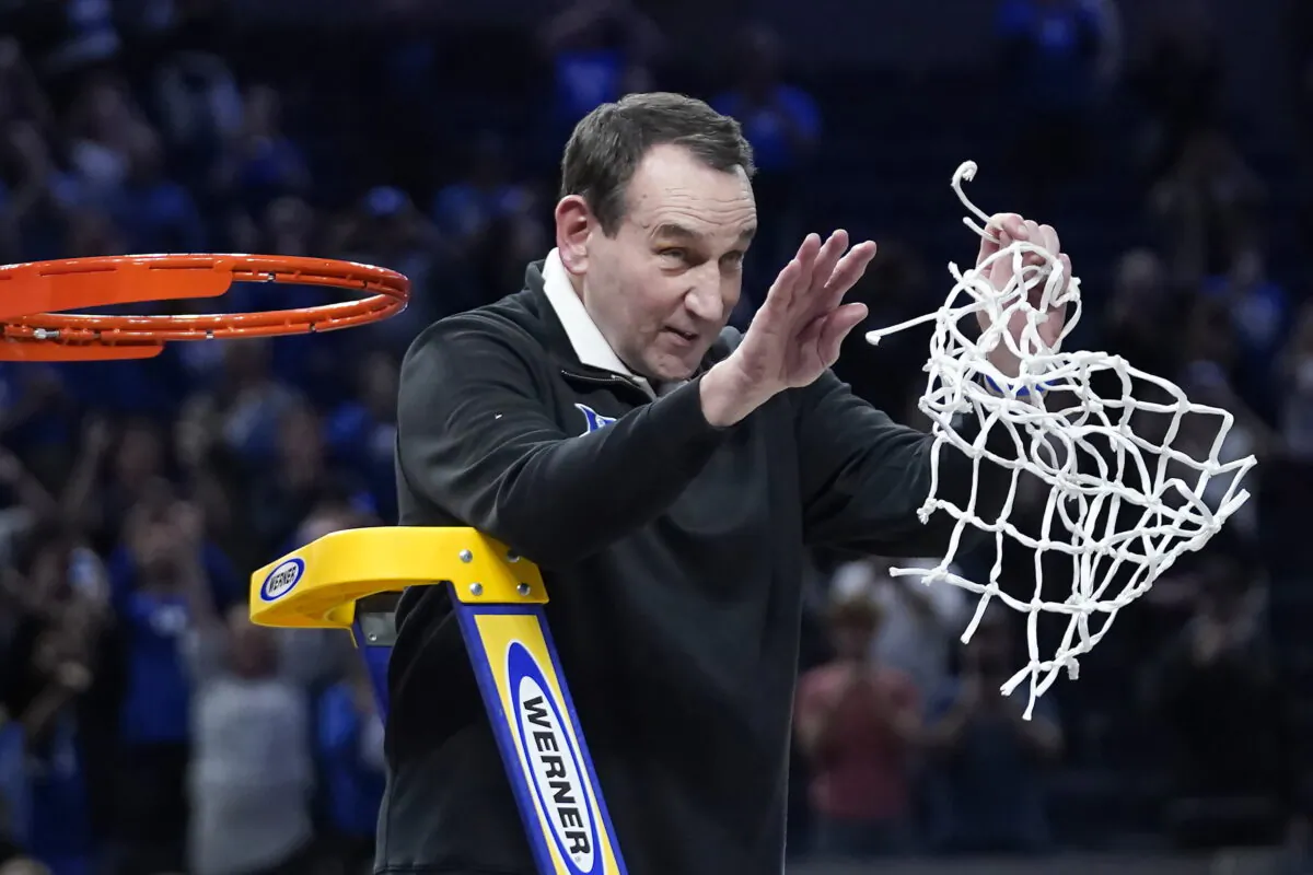 Duke head coach Mike Krzyzewski celebrates after Duke defeated Arkansas in a college basketball game in the Elite 8 round of the NCAA men's tournament in San Francisco, on March 26, 2022. (Marcio Jose Sanchez/AP Photo)