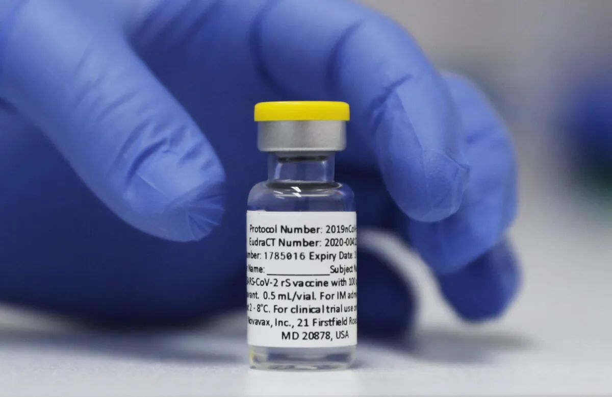 A vial of the Phase 3 Novavax coronavirus vaccine prepared for use in a trial at St. George's University hospital in London, on Oct. 7, 2020. (Alastair Grant/AP Photo)